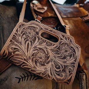 Virginia Handbags Brand Tooled Leather Floral Crossbody Clutch - Tan